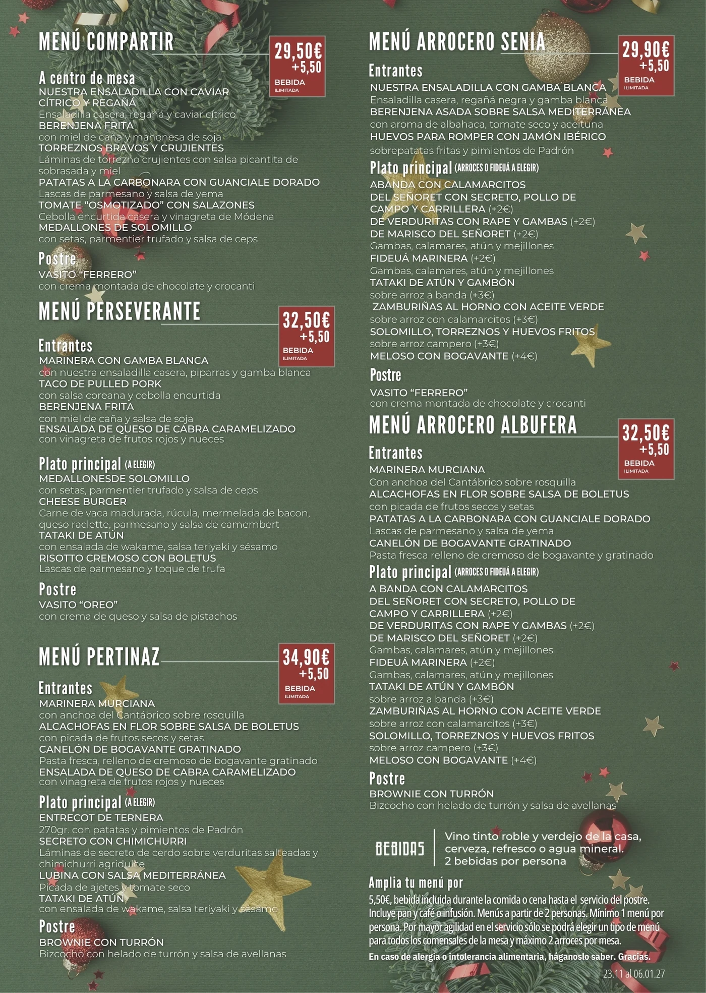 Menús de grupo Navidad 2026 de Restaurante Tenaz: Compartir, Perseverante, Pertinaz, Arrocero Senia y Arrocero Albufera
