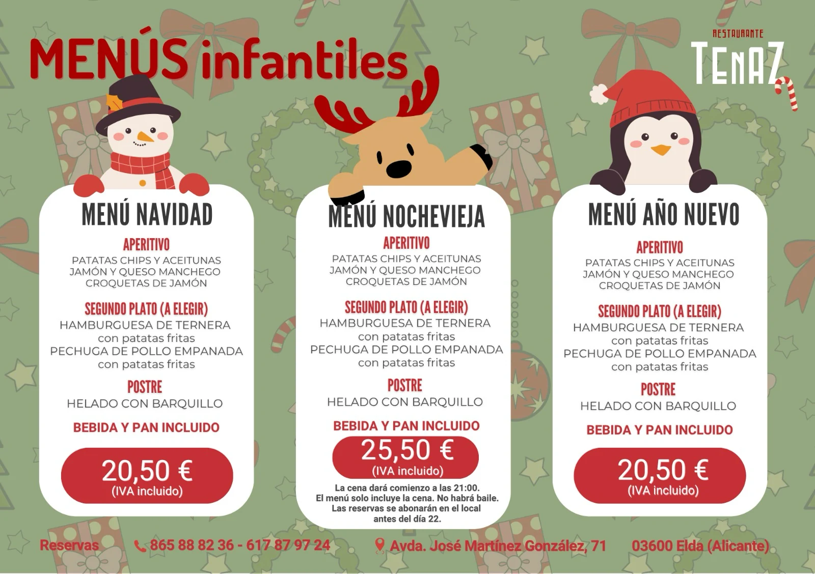 Menús infantiles de Navidad, Nochevieja y Año Nuevo de Restaurante Tenaz