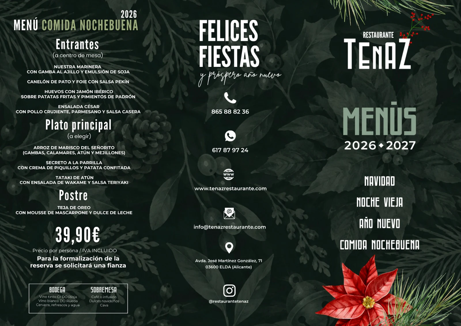Menú Comida de Nochebuena 2026 de Restaurante Tenaz, 39,90 euros